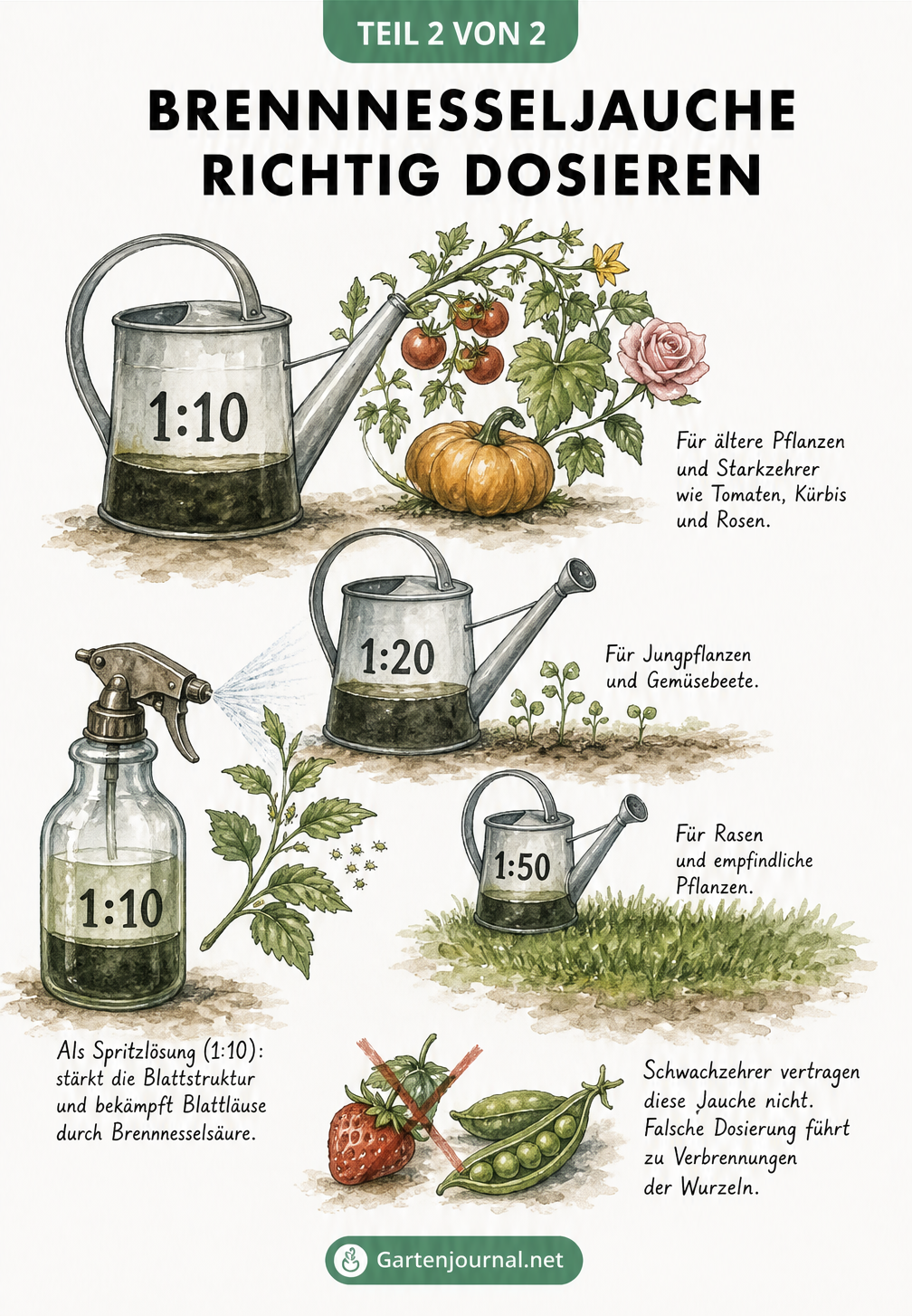 Illustration von drei Gießkannen und einer Sprühflasche mit verschiedenen Mischungsverhältnissen für Brennnesseljauche