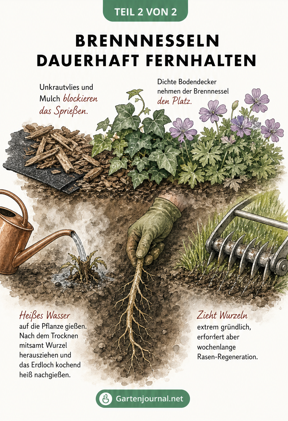 Querschnitt eines Gartenbeets mit Unkrautvlies, Mulch und Bodendeckern zur Vorbeugung sowie der Heißwasser-Methode gegen Brennnesseln.