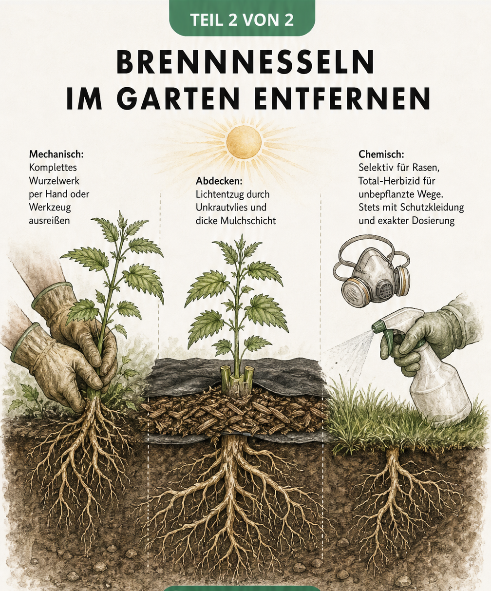 Querschnittszeichnung einer Brennnessel mit Wurzelwerk und drei Methoden zur Entfernung: mechanisch, abdecken und chemisch