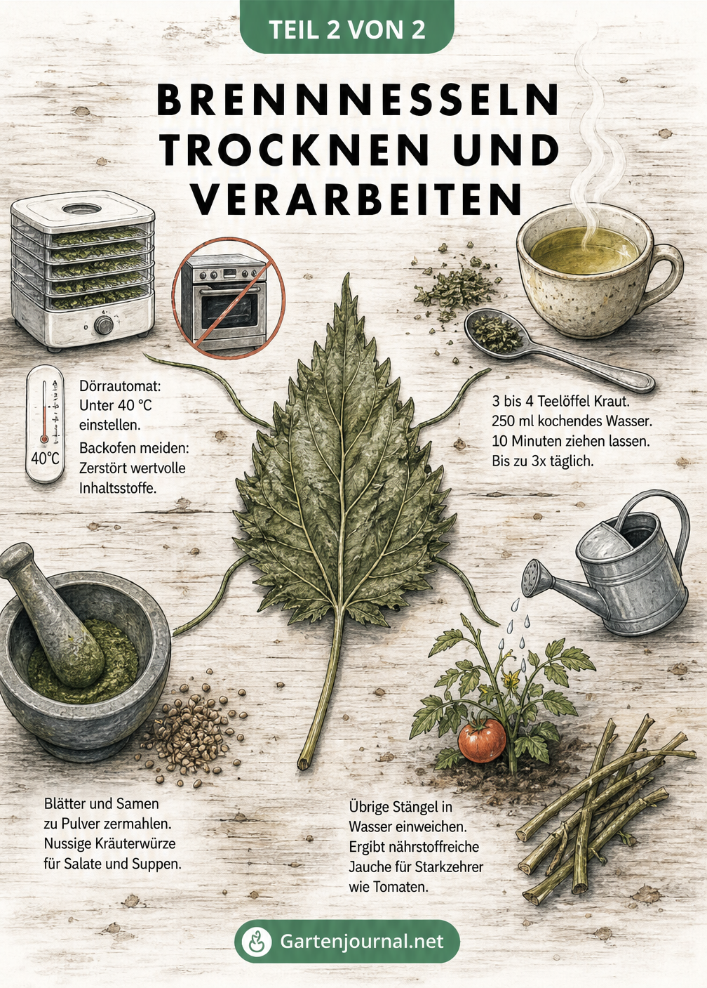 Illustration zur Verarbeitung von getrockneten Brennnesseln im Dörrautomat, als Tee, Pulver und Jauche