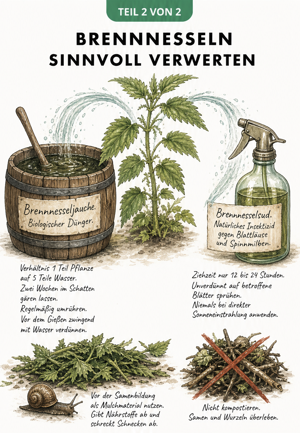 Illustration zur Verwertung von Brennnesseln: Herstellung von Brennnesseljauche im Holzfass, Brennnesselsud in einer Sprühflasche und Nutzung als Mulchmaterial.