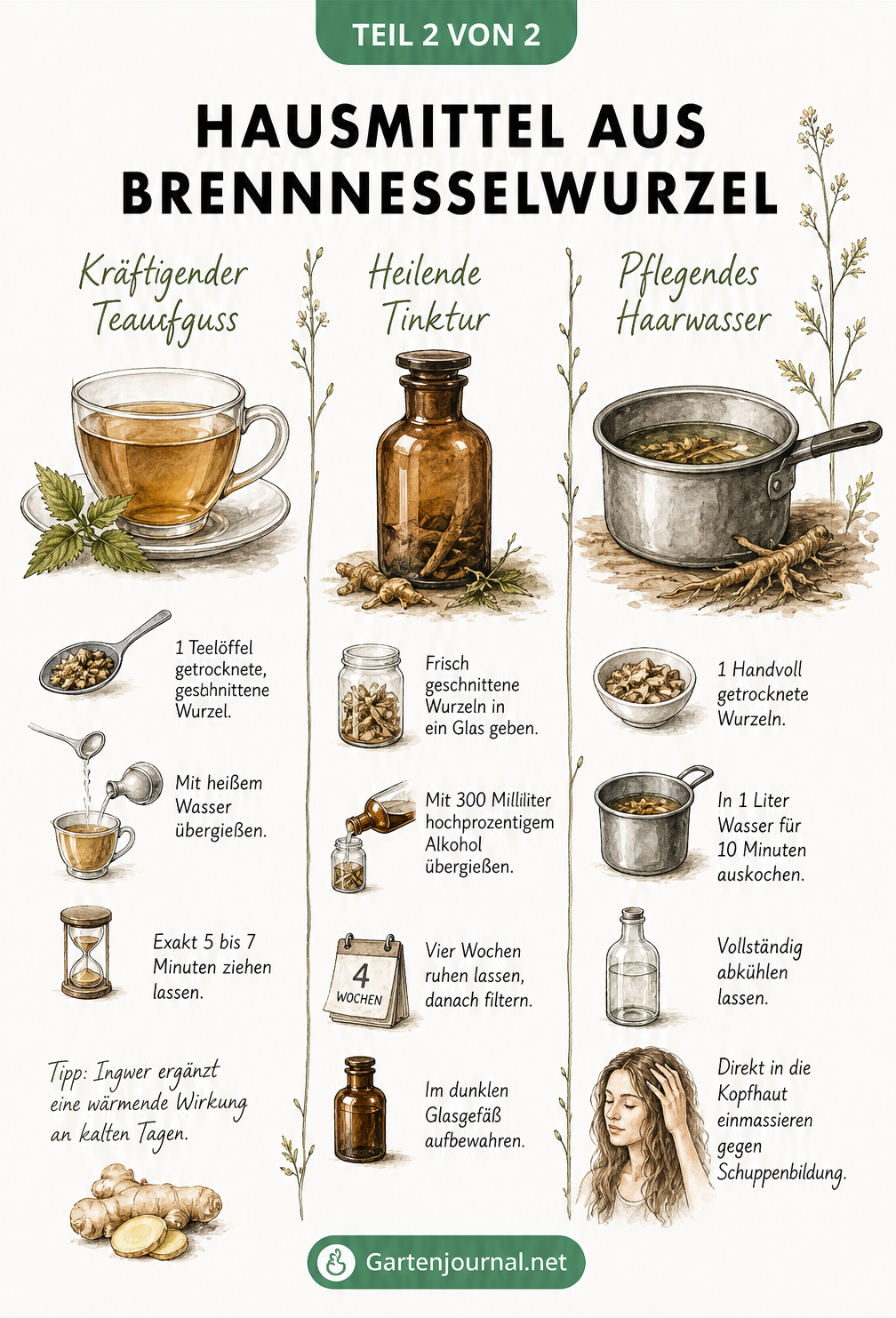 Illustration von Hausmitteln aus Brennnesselwurzel: Teeaufguss, Tinktur und Haarwasser mit Rezeptangaben