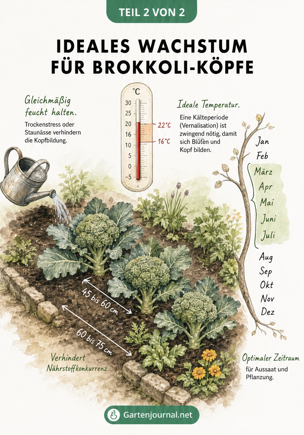 Illustration eines Gartenbeets mit gesunden Brokkolipflanzen, Maßpfeilen für Pflanzabstände, einem Thermometer für die ideale Temperatur und einer Gießkanne