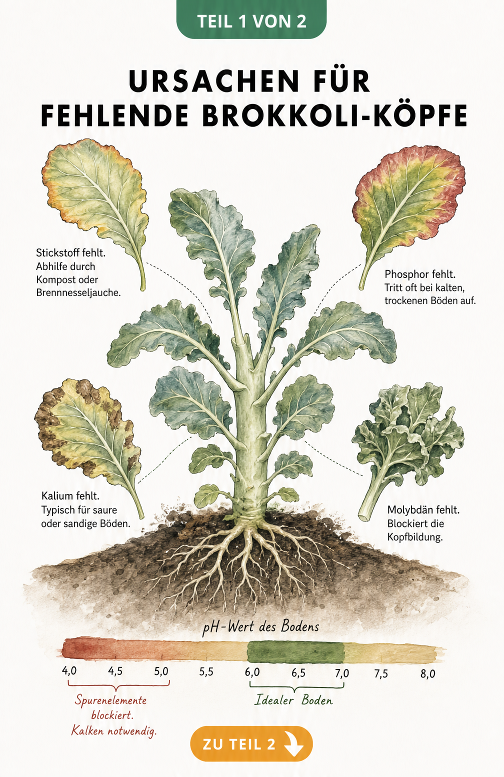 Botanische Illustration einer Brokkolipflanze ohne Kopf mit Detailzeichnungen von Blättern, die Stickstoff-, Phosphor-, Kalium- und Molybdänmangel zeigen