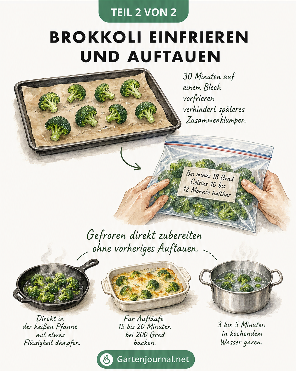 Skizzen-Illustration zum Einfrieren und Zubereiten von Brokkoli: Vorfrieren auf dem Backblech, luftdicht verpacken und gefroren in Pfanne, Auflauf oder Topf...