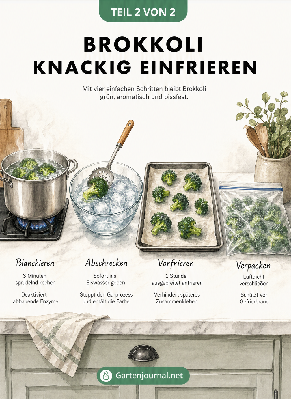 Illustration der vier Schritte zum Einfrieren von Brokkoli: Blanchieren im Topf, Abschrecken in Eiswasser, Vorfrieren auf dem Blech und luftdichtes Verpacken.