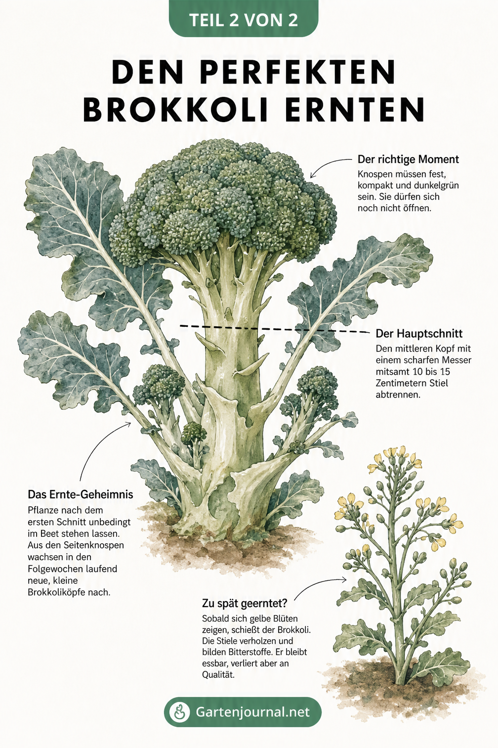 Botanische Illustration einer erntereifen Brokkolipflanze mit Schnittlinie und Detailzeichnung eines gelben Röschens