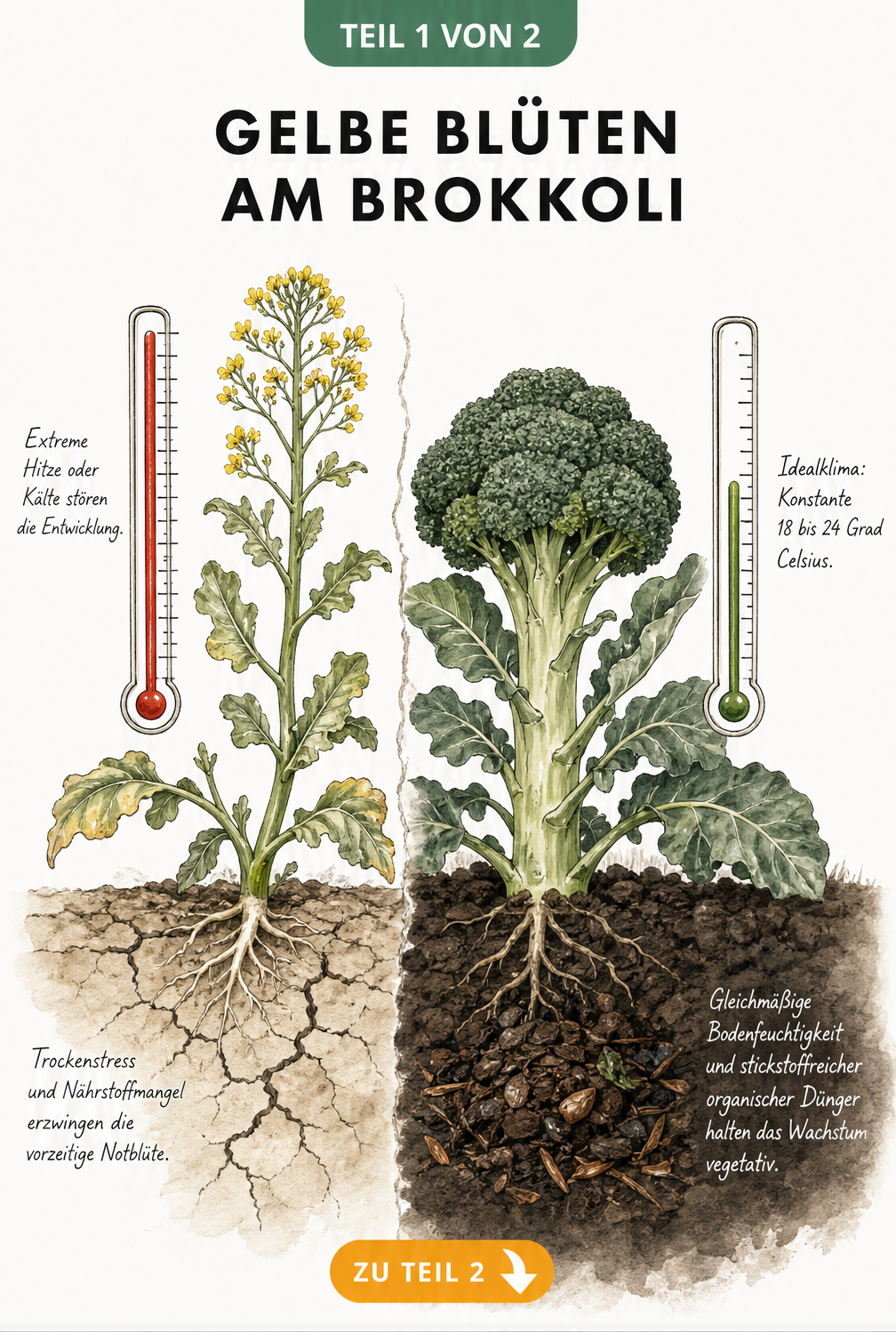 Illustration eines Brokkolibeets im Querschnitt, die den Einfluss von Trockenstress und Idealklima auf die Blütenbildung zeigt