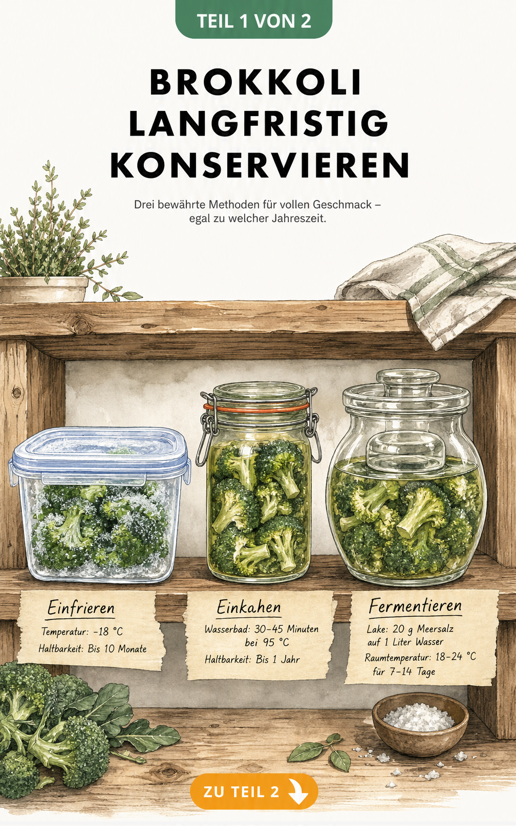 Illustration von drei Konservierungsmethoden für Brokkoli: Einfrieren, Einkochen und Fermentieren in verschiedenen Gefäßen auf einem Holzregal.