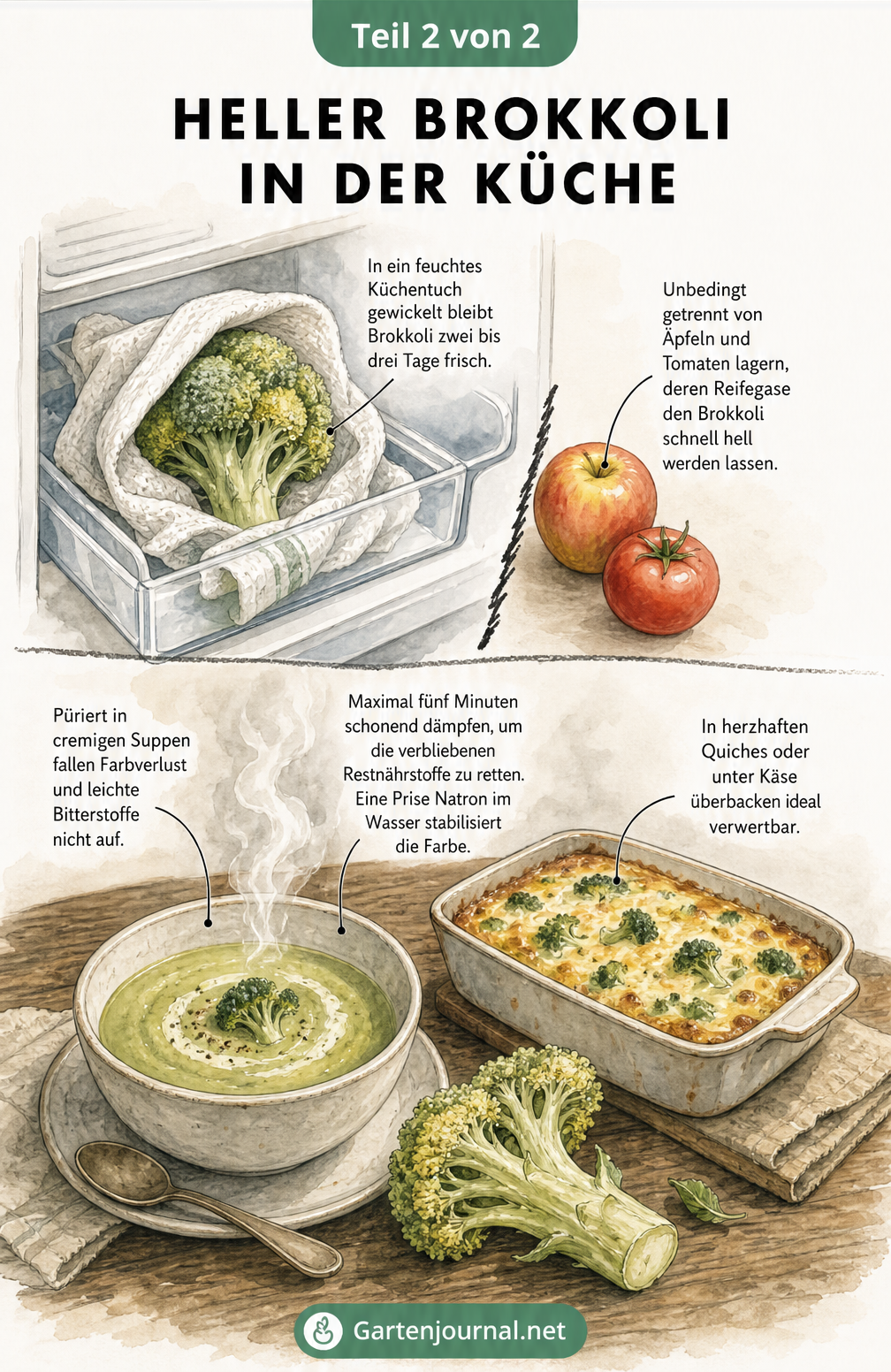 Skizze zur Lagerung und Verwertung von Brokkoli: Ein in ein feuchtes Tuch gewickelter Brokkoli im Kühlschrank, getrennt von Äpfeln und Tomaten, sowie eine...