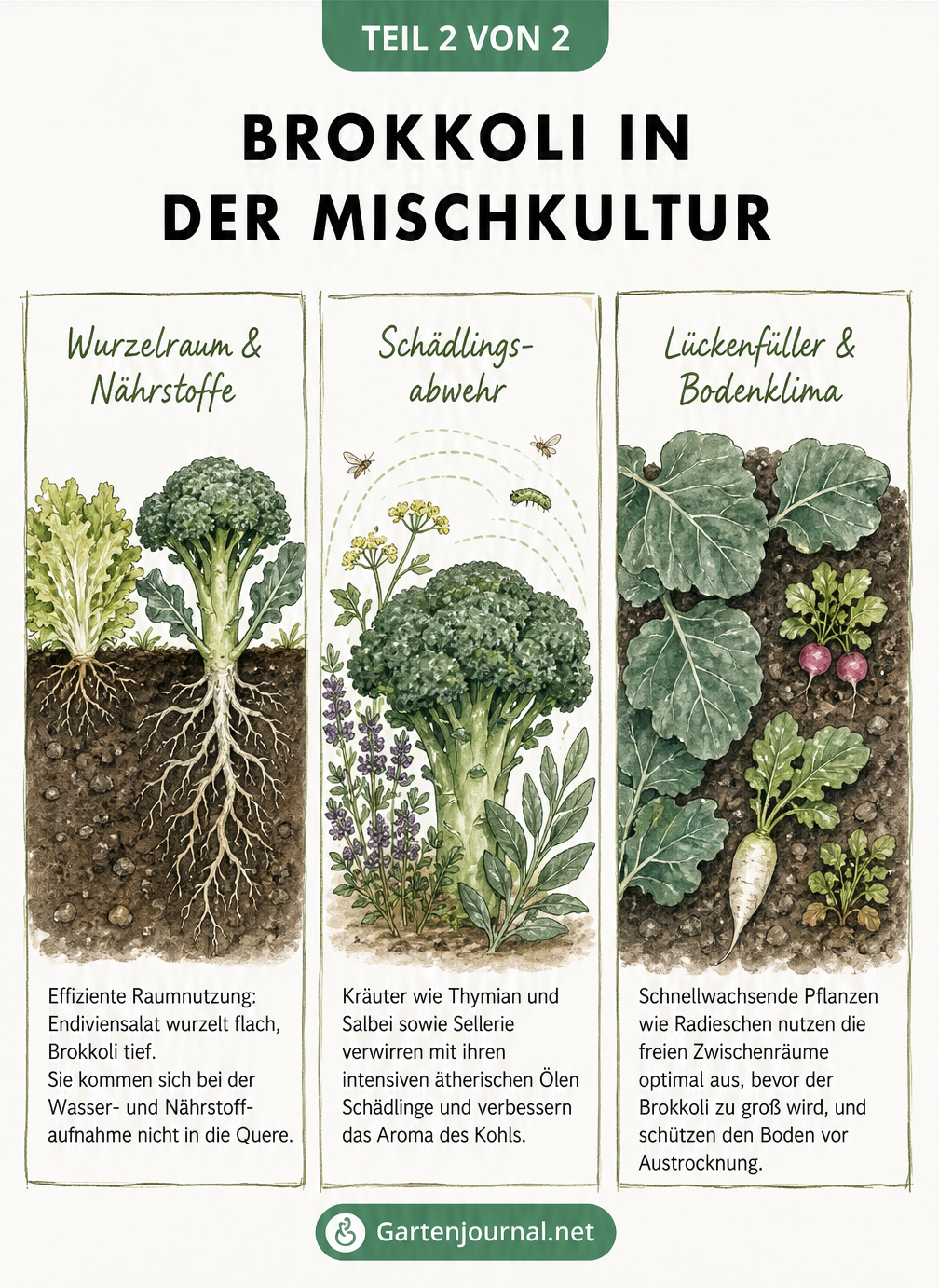 Dreigeteilte Illustration zur Mischkultur bei Brokkoli: Wurzelraum mit Endiviensalat, Schädlingsabwehr durch Kräuter und Lückenfüller wie Radieschen.