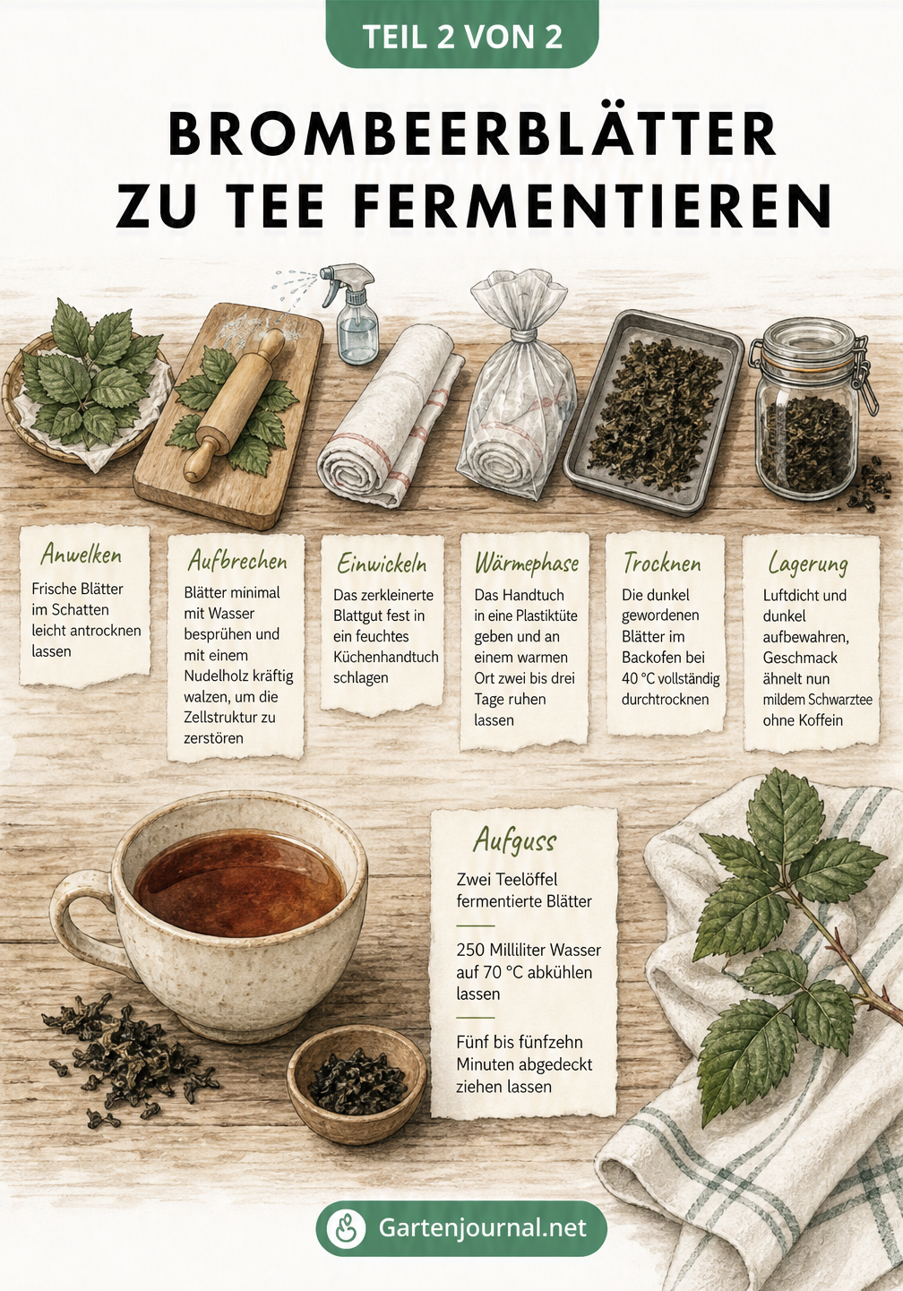Illustration einer rustikalen Küchenarbeitsplatte, die den Fermentationsprozess von Brombeerblättern vom Anwelken bis zum fertigen Tee zeigt.