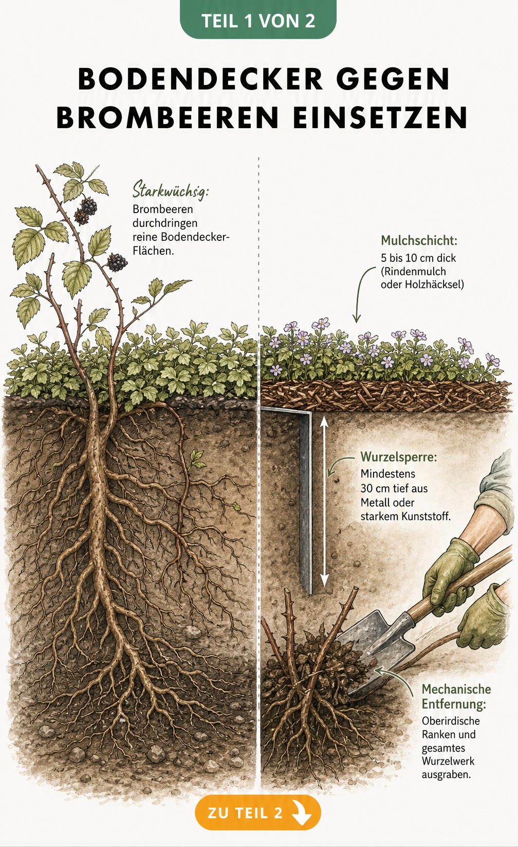 Querschnittszeichnung eines Gartenbeets, die zeigt, wie Brombeerwurzeln Bodendecker durchdringen, und drei Gegenmaßnahmen: Mulchschicht, Wurzelsperre und...