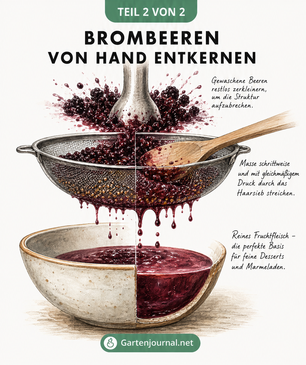 Schnittbild-Illustration, die zeigt, wie pürierte Brombeeren mit einem Holzlöffel durch ein feines Sieb in eine Keramikschüssel gestrichen werden.