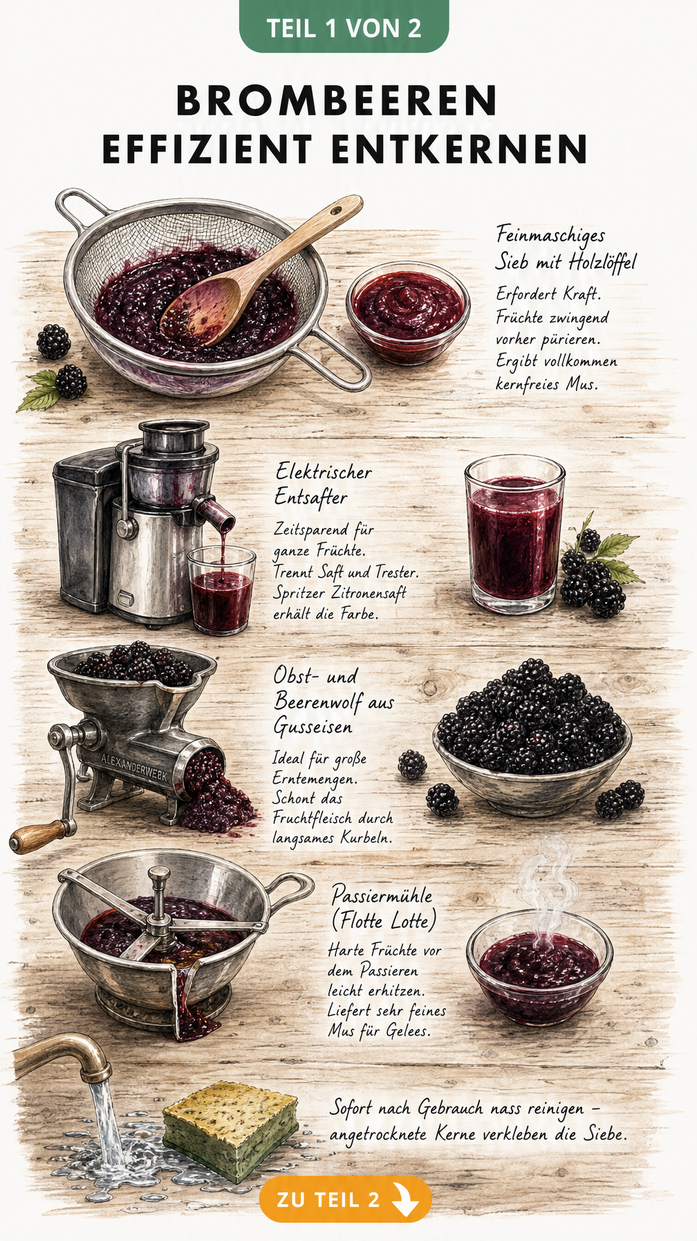 Illustration verschiedener Werkzeuge zum Entkernen von Brombeeren: Sieb, Entsafter, Beerenwolf und Passiermühle auf einer Holzplatte.