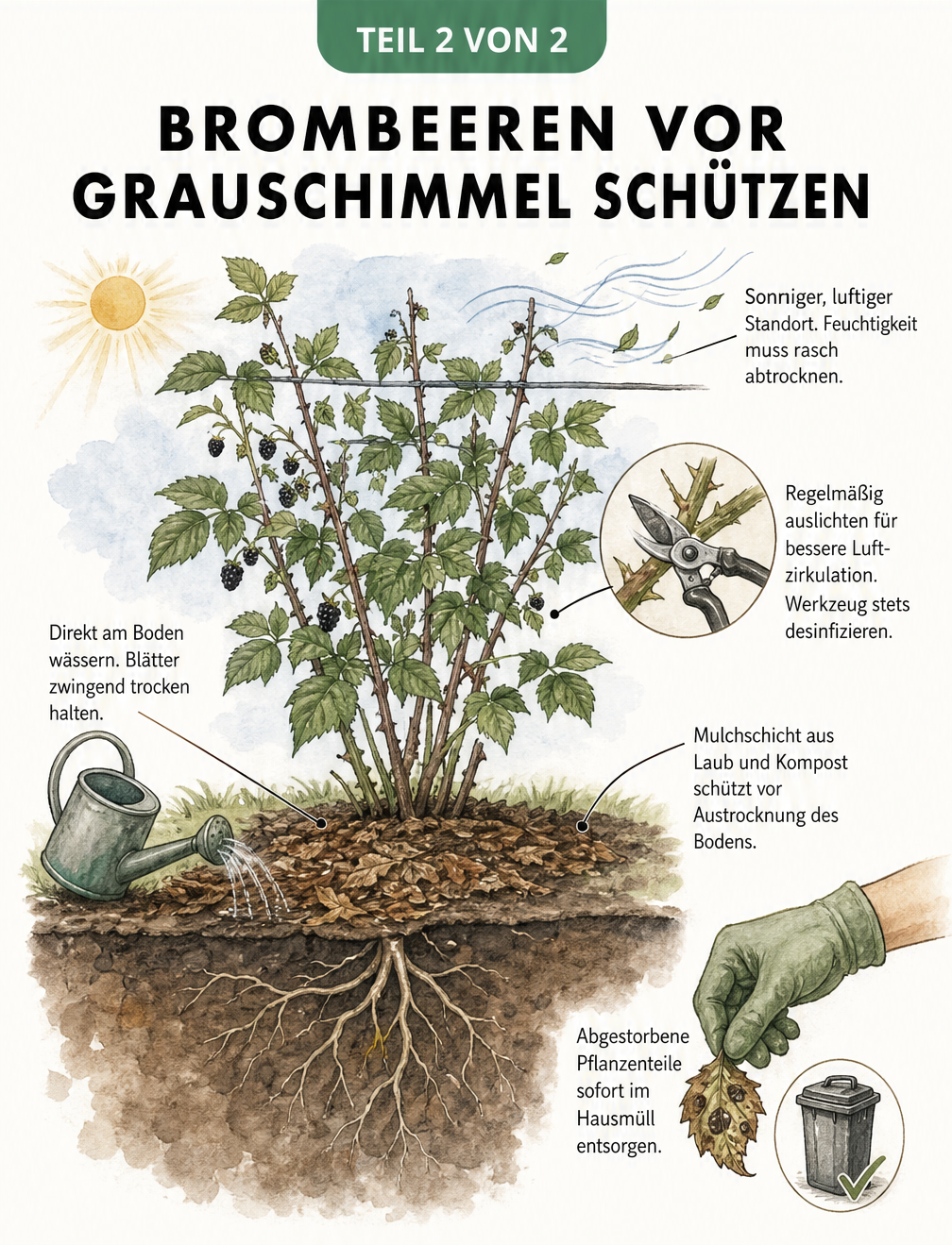 Illustration eines Brombeerstrauchs mit Pflegetipps gegen Grauschimmel wie Auslichten, Bodenbewässerung und Mulchen.