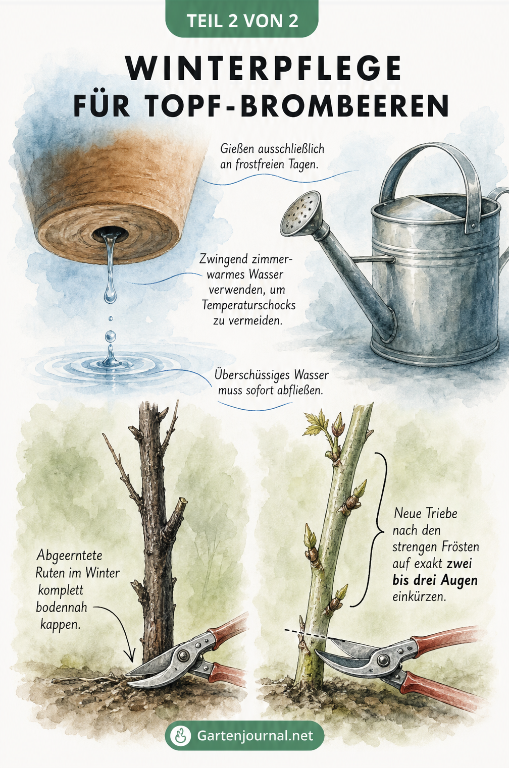 Aquarellierte Darstellung der Winterpflege von Topf-Brombeeren mit Fokus auf Gießen an frostfreien Tagen und dem richtigen Rückschnitt