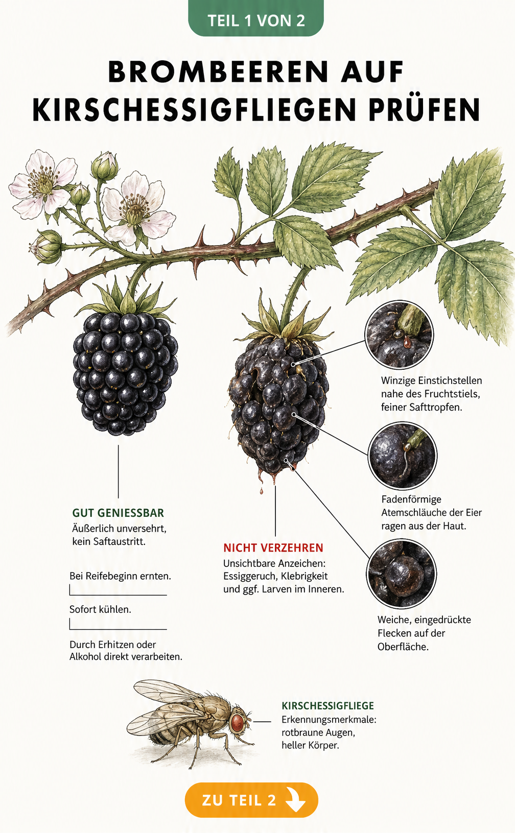Botanische Illustration eines Brombeerzweigs, die intakte und von der Kirschessigfliege befallene Brombeeren mit Schadbildern wie Einstichstellen und...
