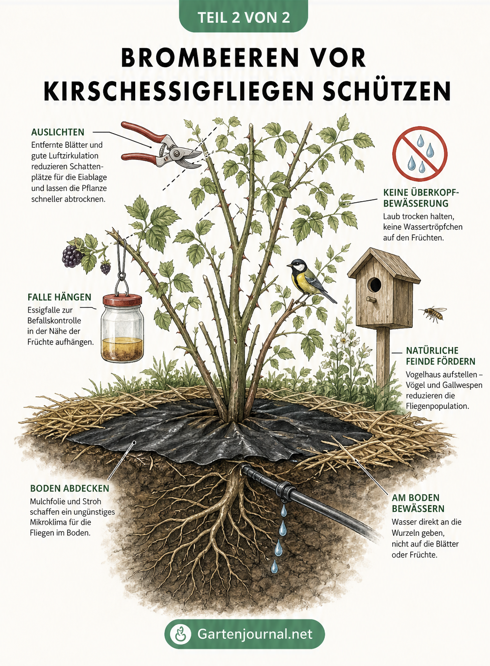 Illustration eines Brombeerstrauchs mit Mulchfolie, Essigfalle und Vogelhaus zur Vorbeugung gegen die Kirschessigfliege.