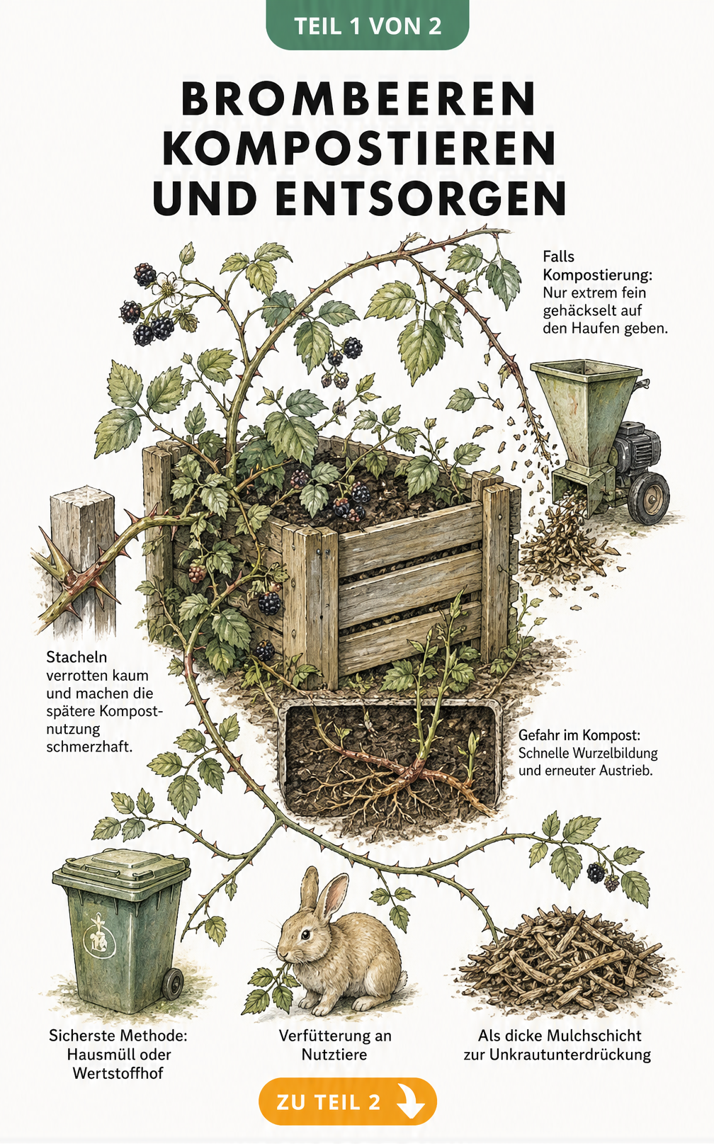 Botanische Illustration eines Kompostbehälters, der von einer Brombeerranke umschlungen wird, mit Hinweisen zur Entsorgung.