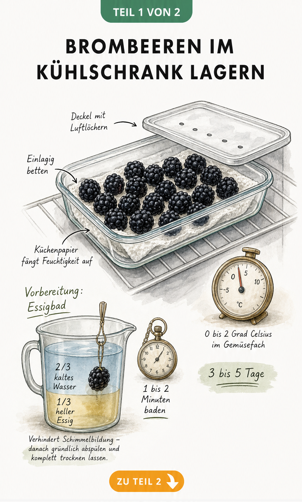 Illustration einer flachen Glasschale mit Brombeeren auf Küchenpapier im Kühlschrank bei 0 bis 2 Grad Celsius.