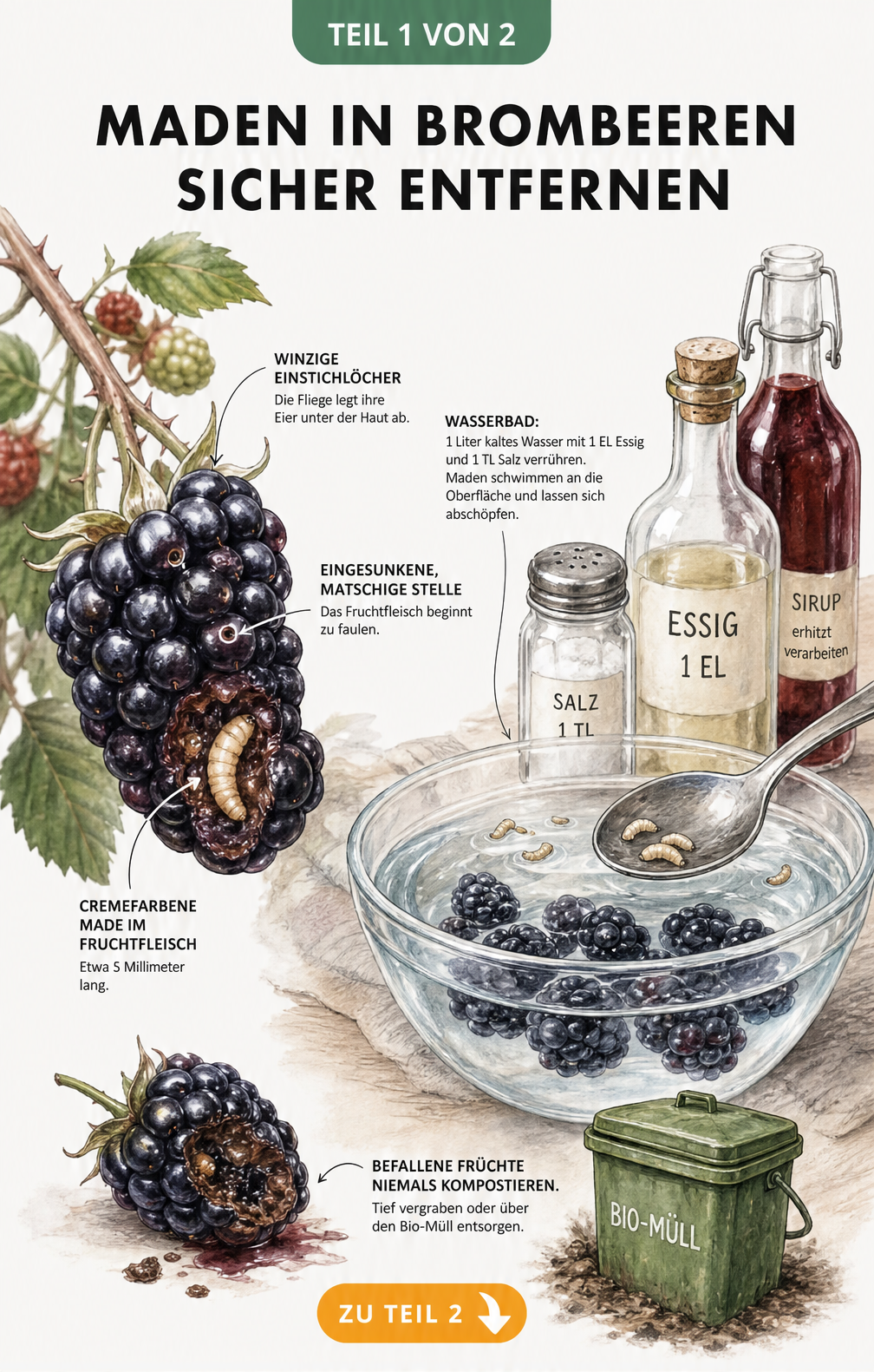 Illustration einer Brombeere mit Schadbildern der Kirschessigfliege und Maden im Wasserbad