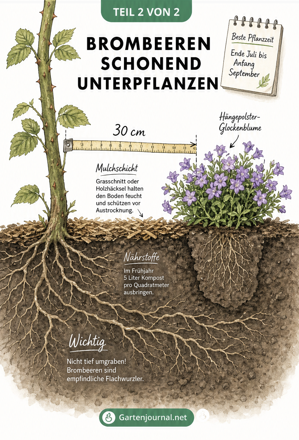 Querschnitt eines Beetes mit Brombeere, Hängepolster-Glockenblume und Mulchschicht