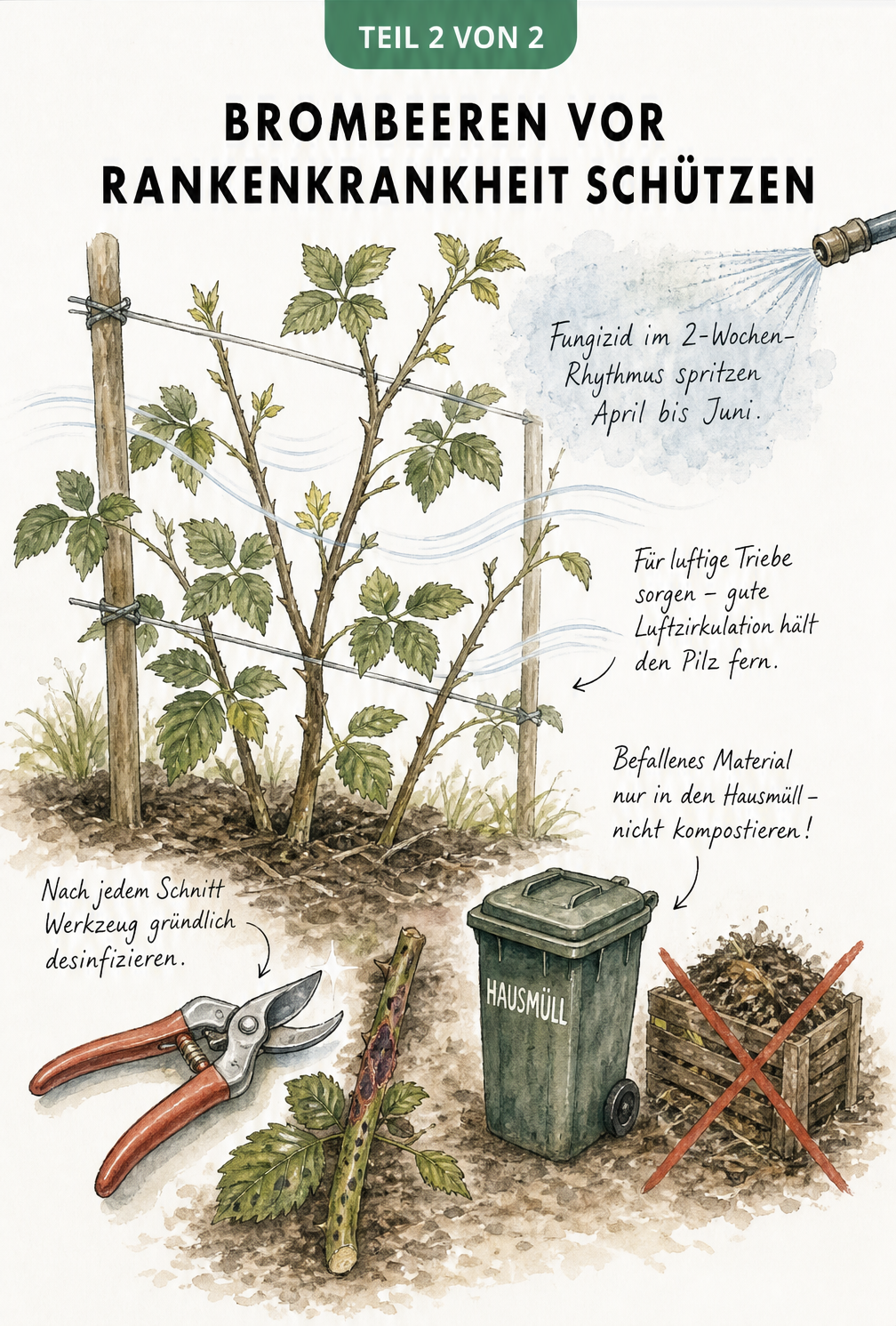Gezeichnete Gartenszene mit Brombeerstrauch, Gartenschere und Hinweisen zum Schutz vor der Rankenkrankheit