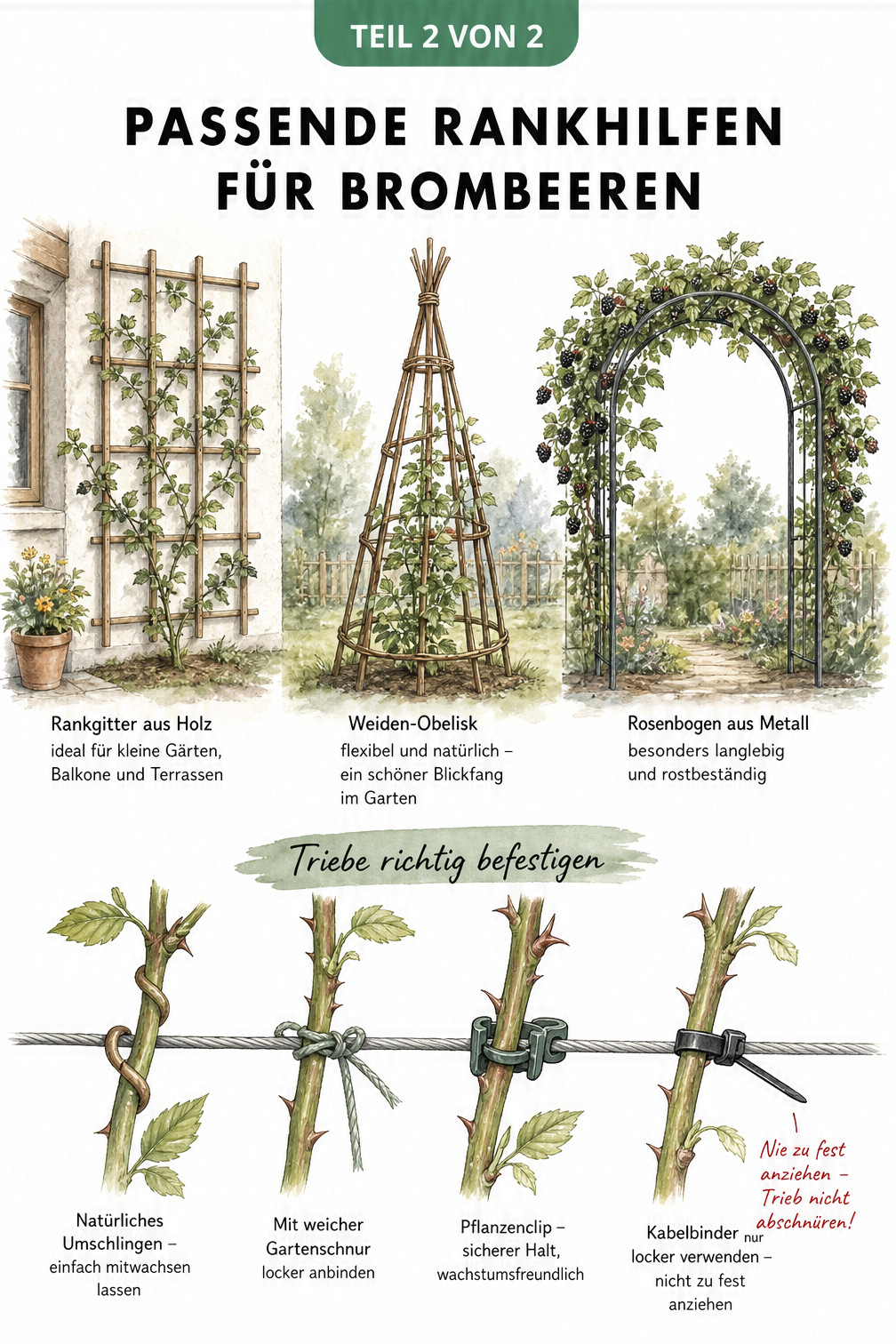 Aquarell-Illustration verschiedener Rankhilfen für Brombeeren: Holz-Rankgitter, Weiden-Obelisk, Rosenbogen aus Stahl und Befestigungsmethoden im Detail