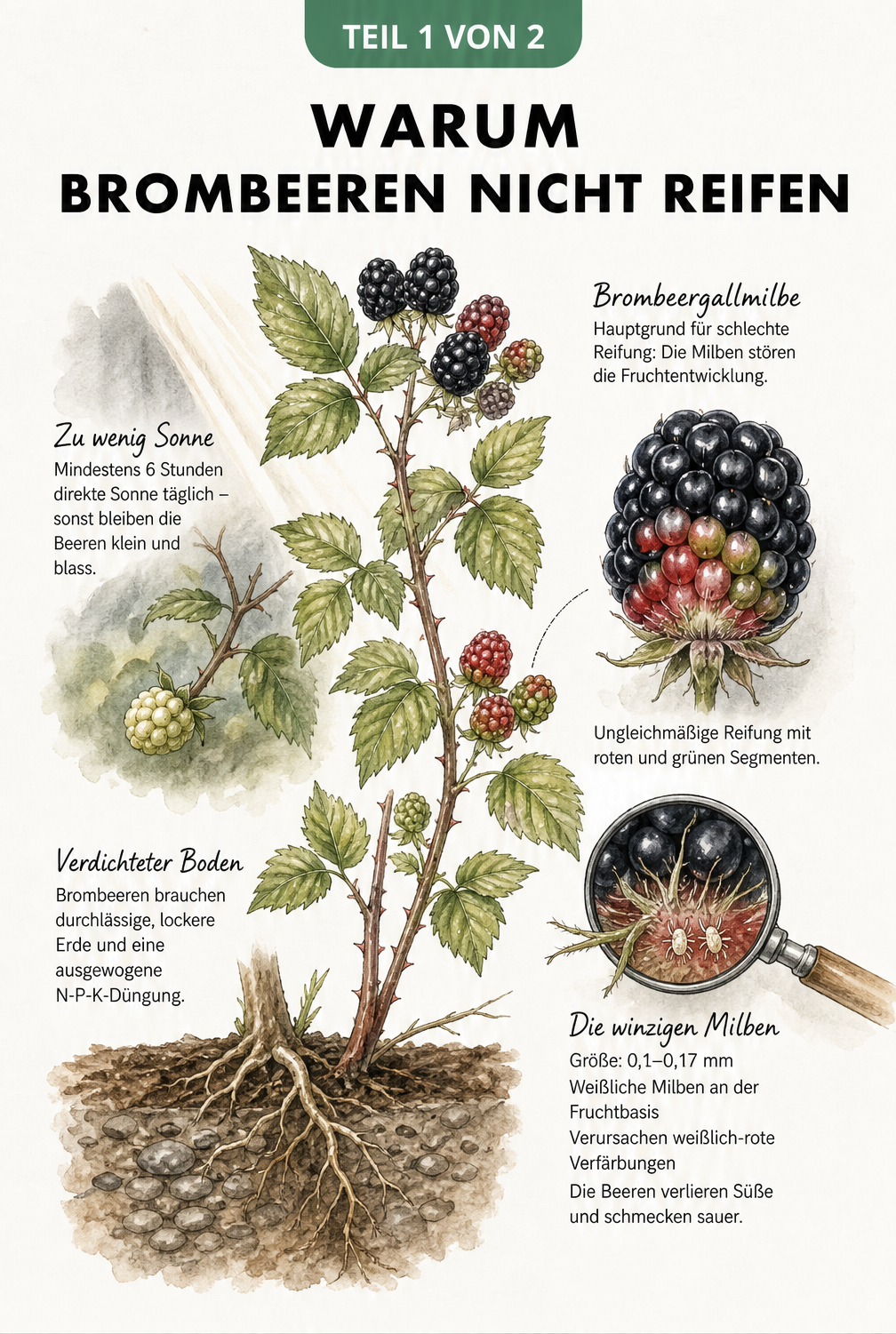 Botanische Illustration eines Brombeerzweigs mit unreifen Beeren, Schadbildern der Brombeergallmilbe und Hinweisen zu Standort und Boden