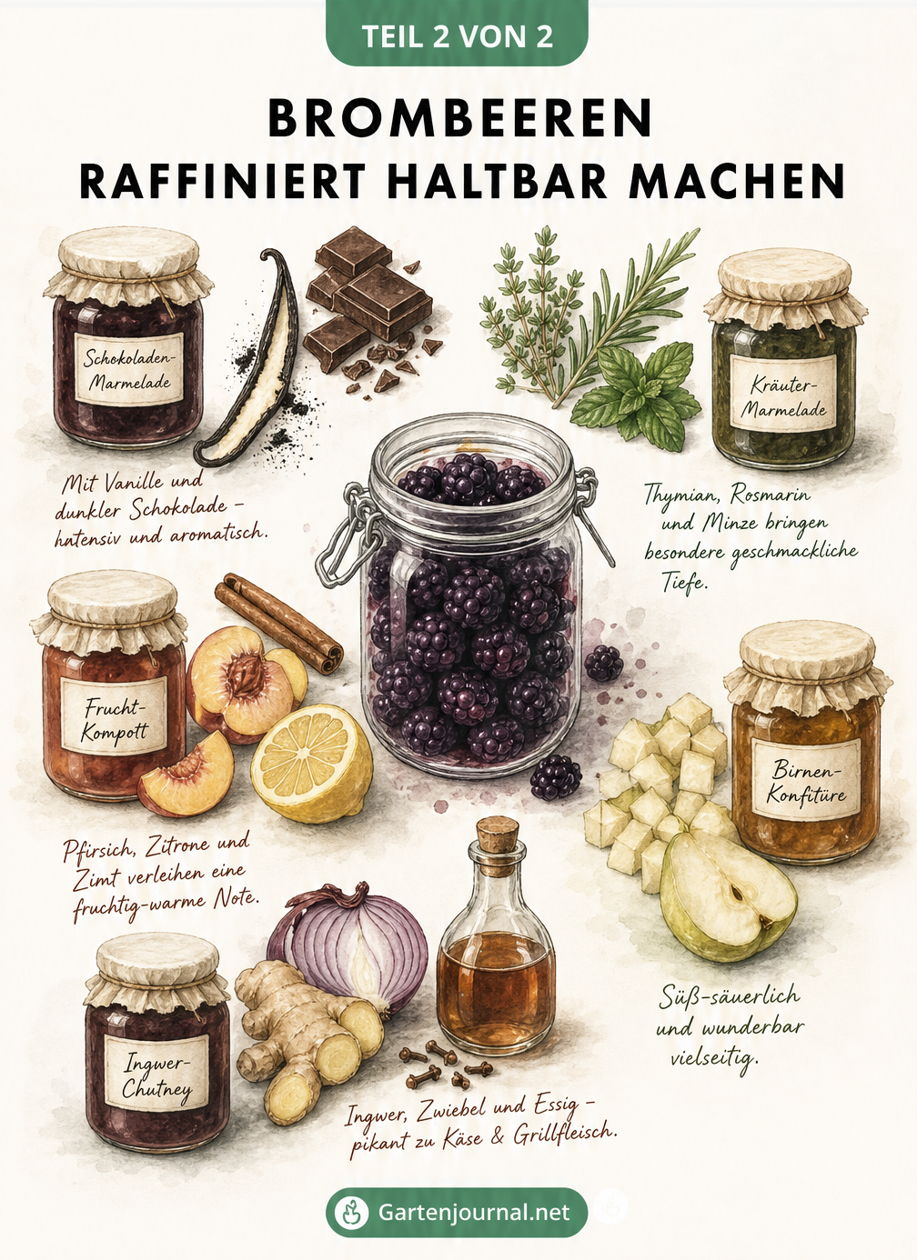 Übersicht kreativer Rezeptideen für Brombeeren, darunter Schokoladen-Marmelade, Kräuter-Marmelade, Frucht-Kompott, Birnen-Konfitüre und Ingwer-Chutney.
