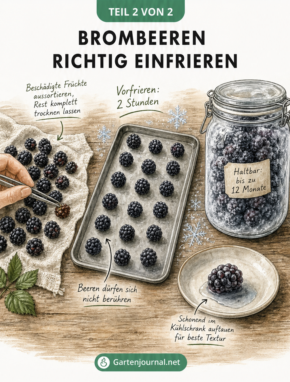 Illustration des Einfrierens von Brombeeren: Aussortieren, Vorfrieren auf einem Backblech und Lagern im Glasbehälter.