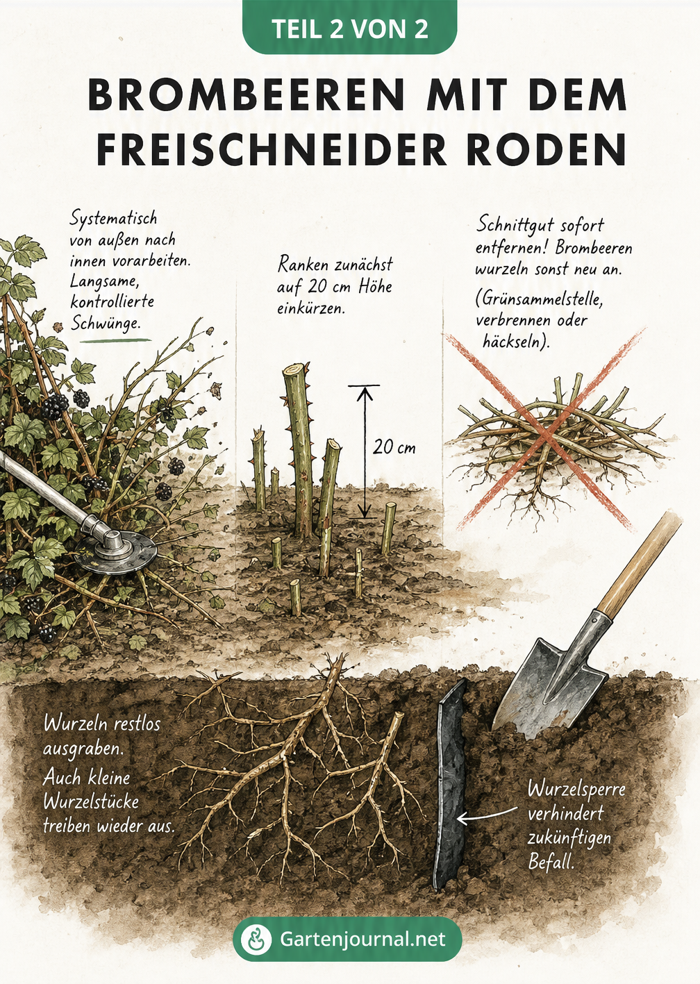 Querschnitt-Illustration, die das Roden von Brombeeren mit dem Freischneider und das anschließende Ausgraben der Wurzeln zeigt