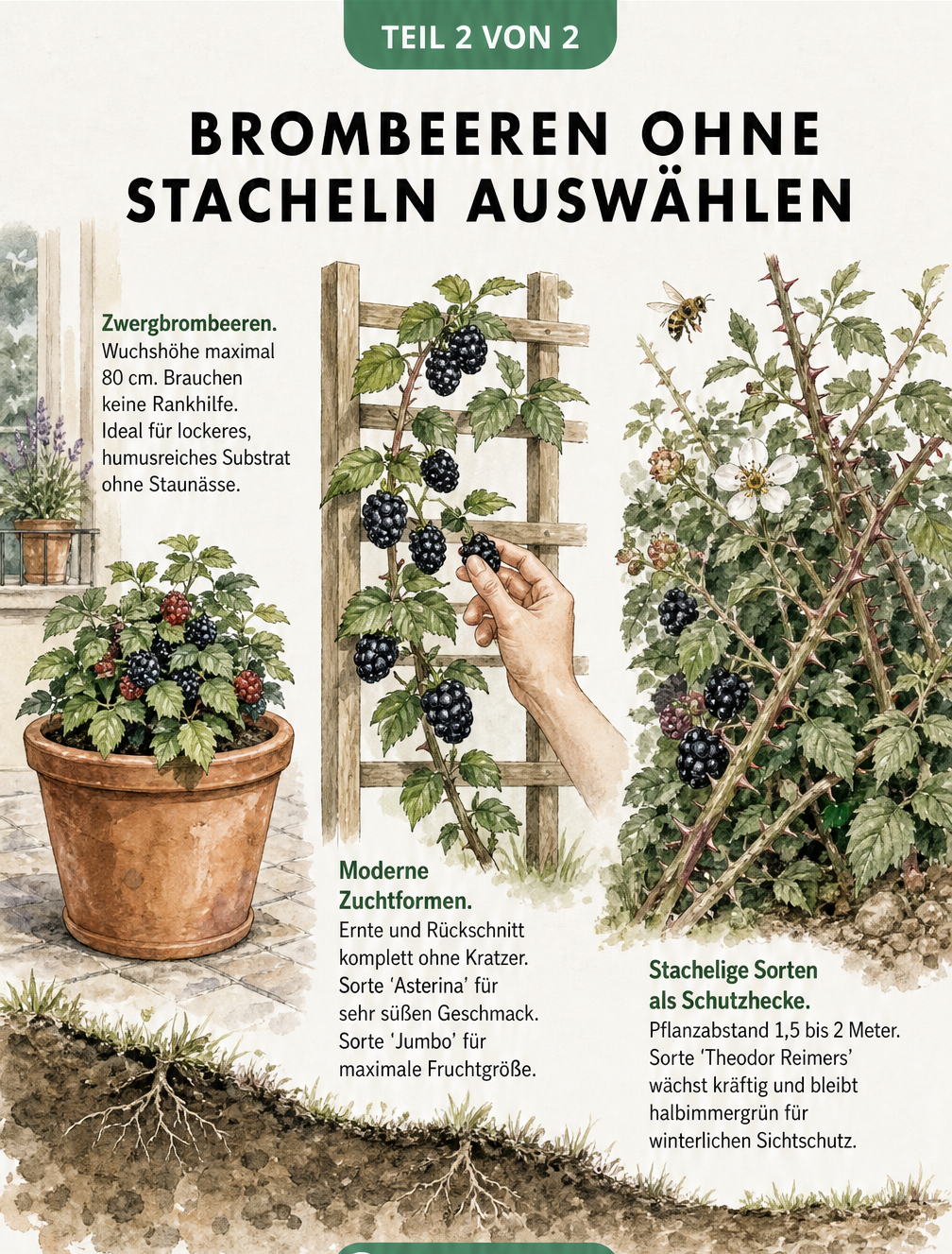 Illustration von drei Pflanzsituationen für Brombeeren: Zwergbrombeeren im Kübel, stachellose Sorten am Spalier und stachelige Sorten als dichte Schutzhecke.