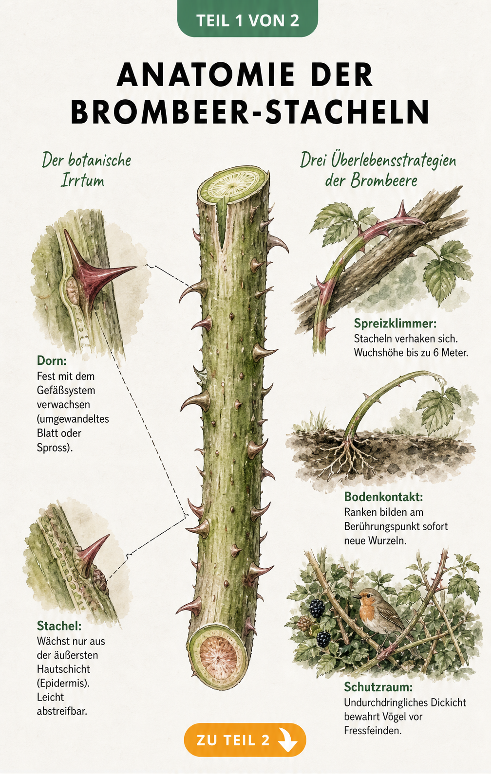 Botanische Illustration eines Brombeertriebs im Querschnitt, die den Unterschied zwischen Dornen und Stacheln sowie deren Funktionen wie Klettern, Vermehrung...