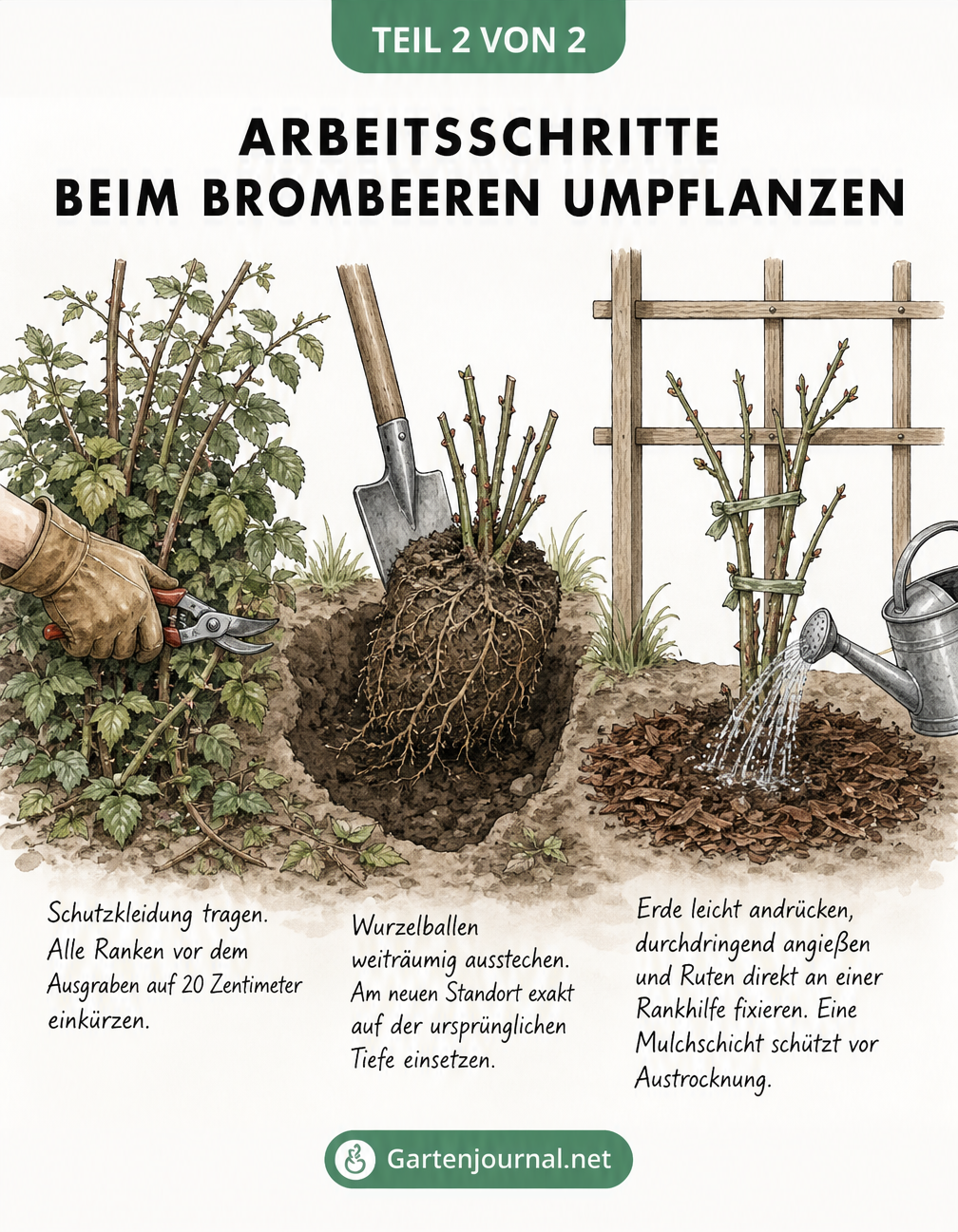 Skizze der Arbeitsschritte beim Umpflanzen von Brombeeren: Rückschnitt, Ausgraben und Einpflanzen am Spalier