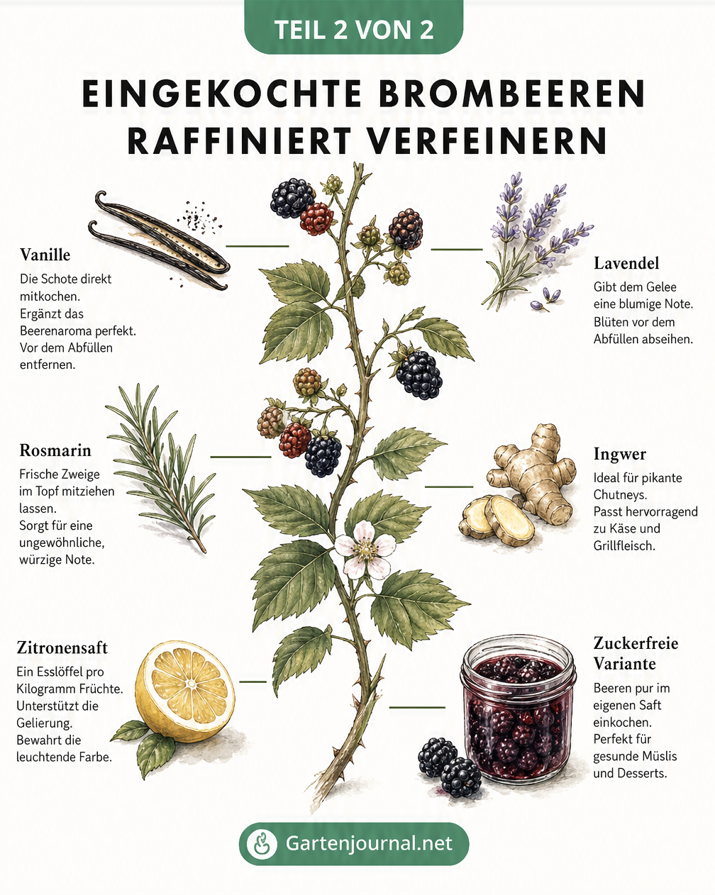 Botanische Illustration einer Brombeerranke mit Begleitzutaten wie Vanille, Rosmarin, Zitrone, Lavendel und Ingwer zum Verfeinern.