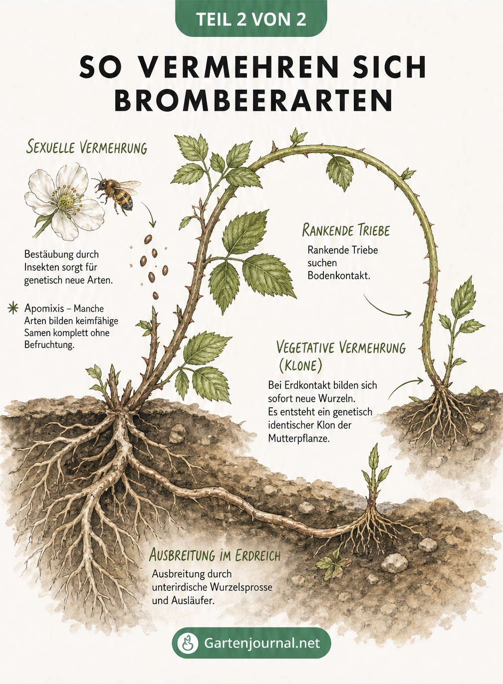 Querschnitt durch einen Waldboden, der die sexuelle Vermehrung durch Bestäubung und die vegetative Vermehrung durch Absenker und Wurzelsprosse bei Brombeeren...