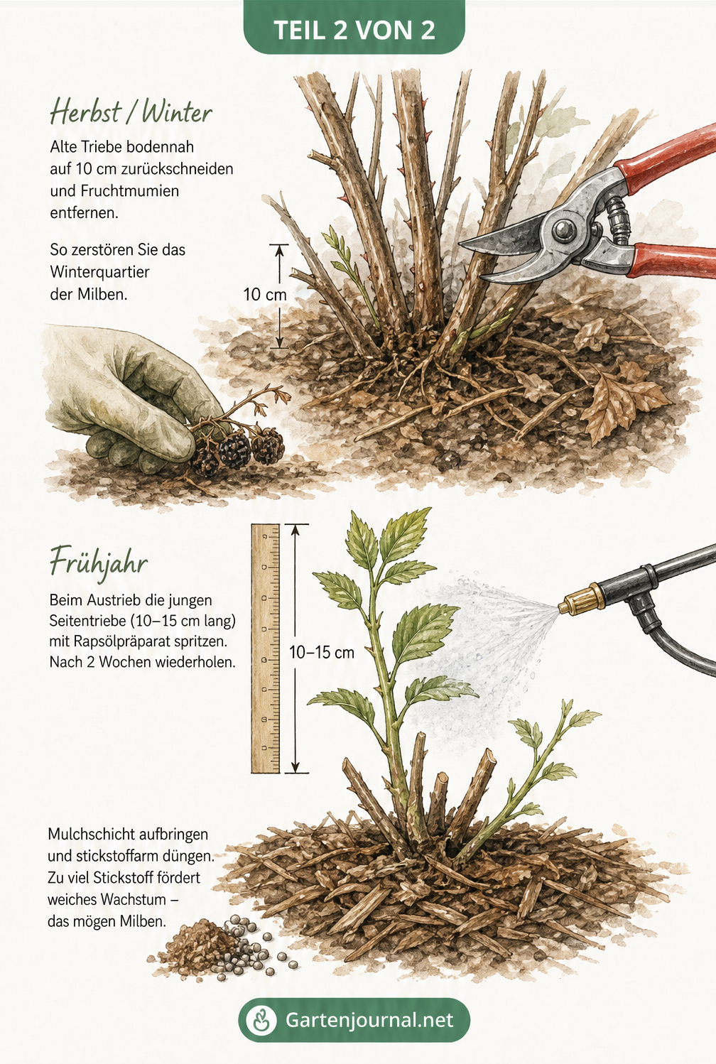 Aquarell-Illustration eines Brombeerstrauchs im Herbst und Frühjahr mit Gartenschere, Sprühnebel und Mulchschicht zur Bekämpfung der Gallmilbe
