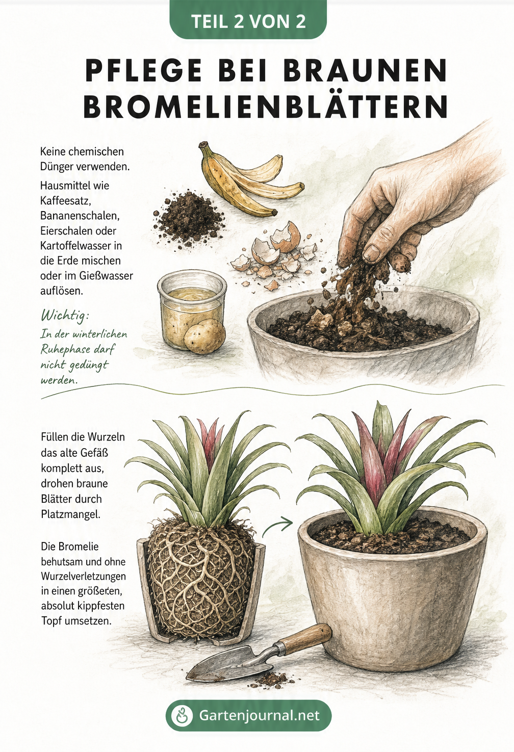 Zeichnung von organischer Erde mit Kaffeesatz, Bananenschalen und Eierschalen sowie einem Wurzelballen, der in einen größeren Topf umgesetzt wird.