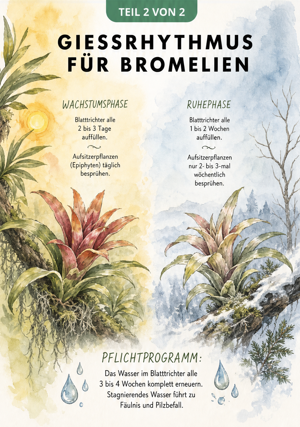 Aquarell-Grafik zum Gießrhythmus von Bromelien im Sommer und Winter mit Hinweisen zum Wasserwechsel