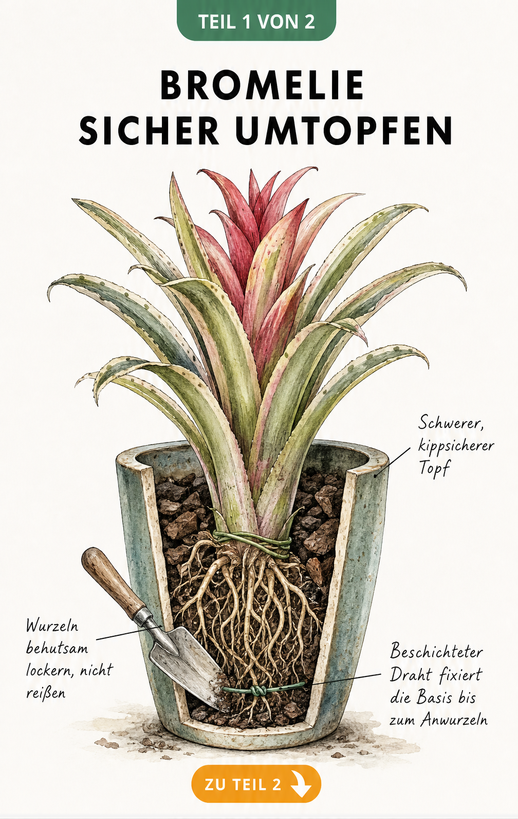 Botanische Schnittgrafik einer Bromelie in einem massiven Keramiktopf, bei der die Wurzeln mit einer Gartenschaufel gelockert werden.