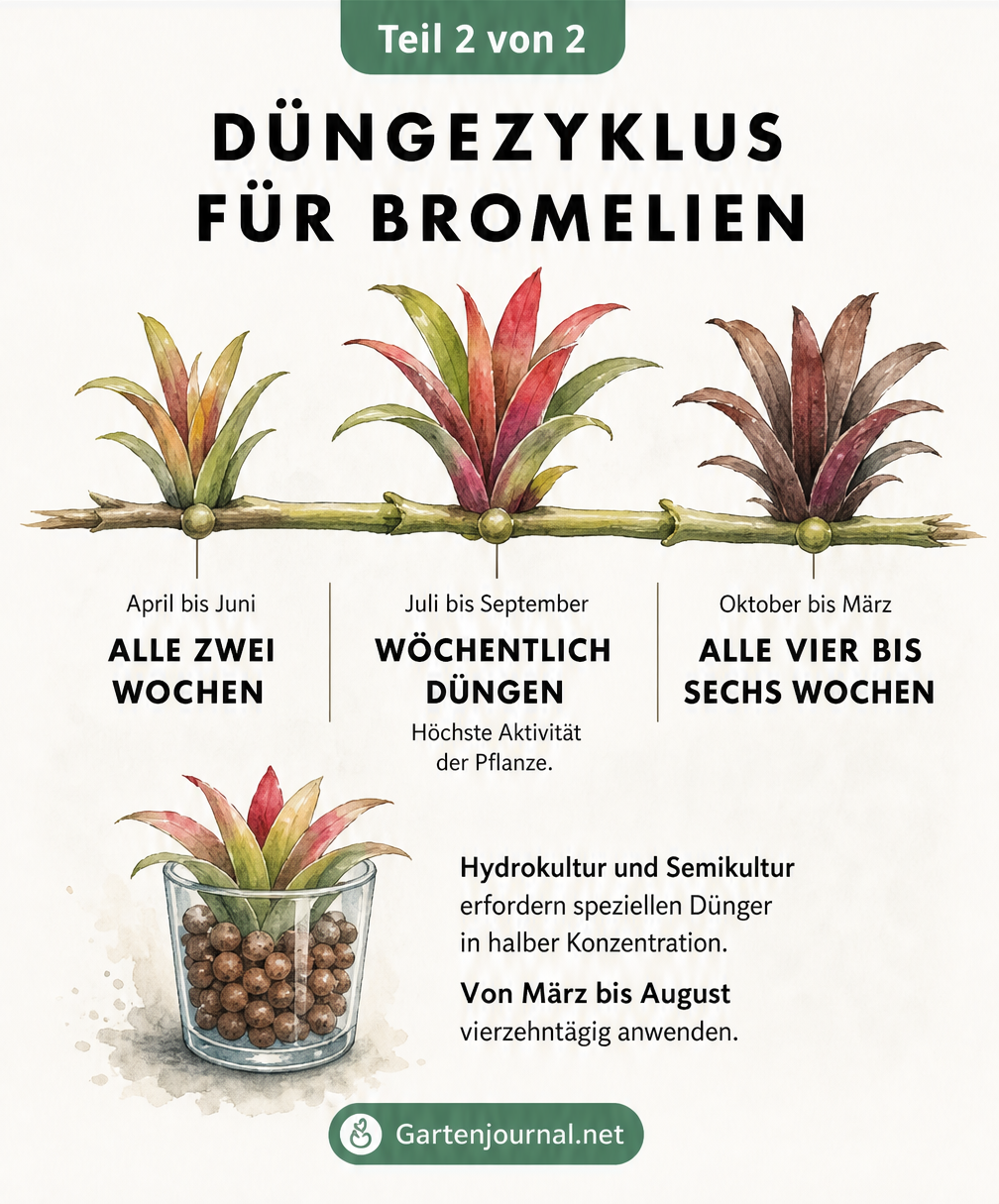 Illustration eines Pflanzenstängels, der den Düngezyklus für Bromelien im Jahresverlauf zeigt