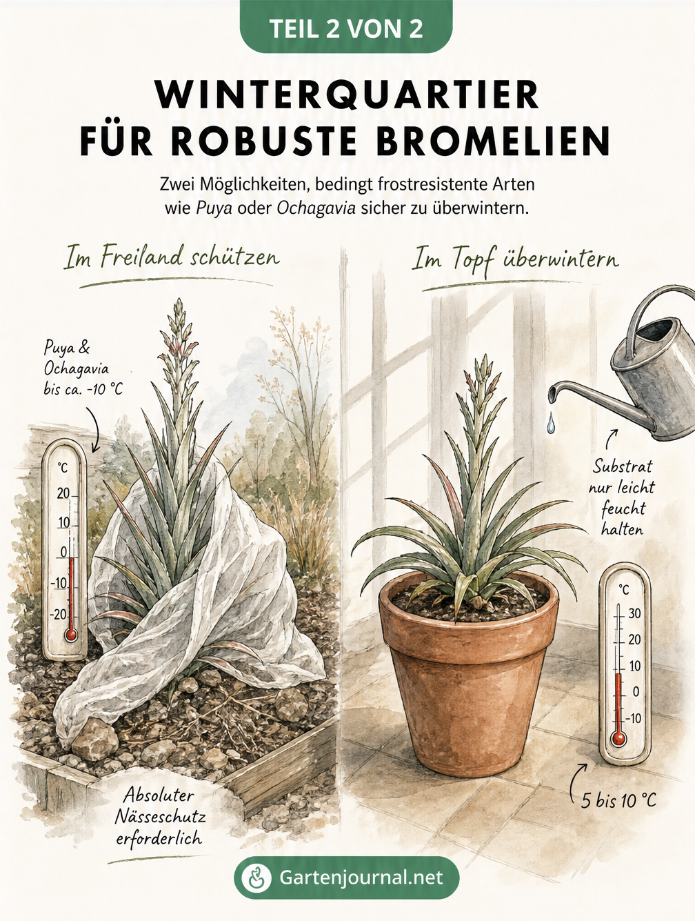 Zweiteilige Illustration zur Überwinterung von Bromelien: Freiland mit Gartenvlies und Kübelkultur im Innenraum