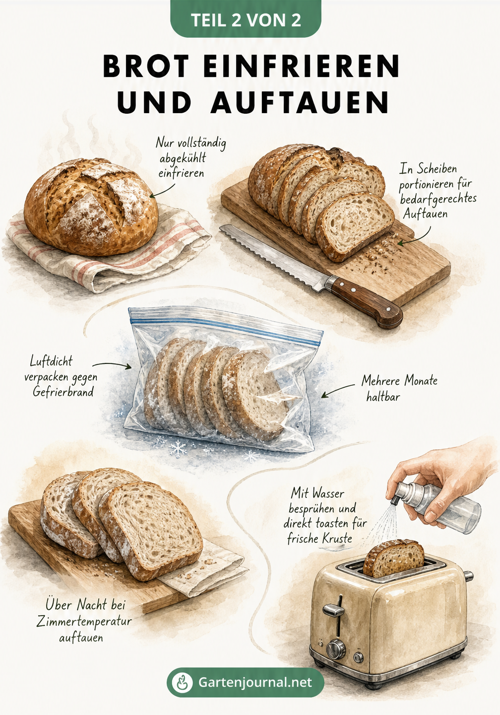 Illustration, die den Prozess des Broteinfrierens und Auftauens zeigt, vom Abkühlen über das Schneiden bis zum Toasten.