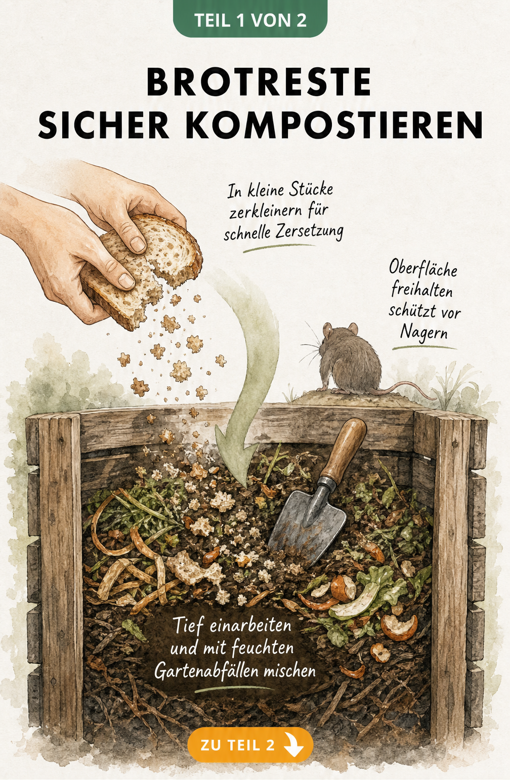Querschnitt durch einen Kompostbehälter, in dem Brotreste zerkleinert und mit Gartenabfällen vermischt werden.