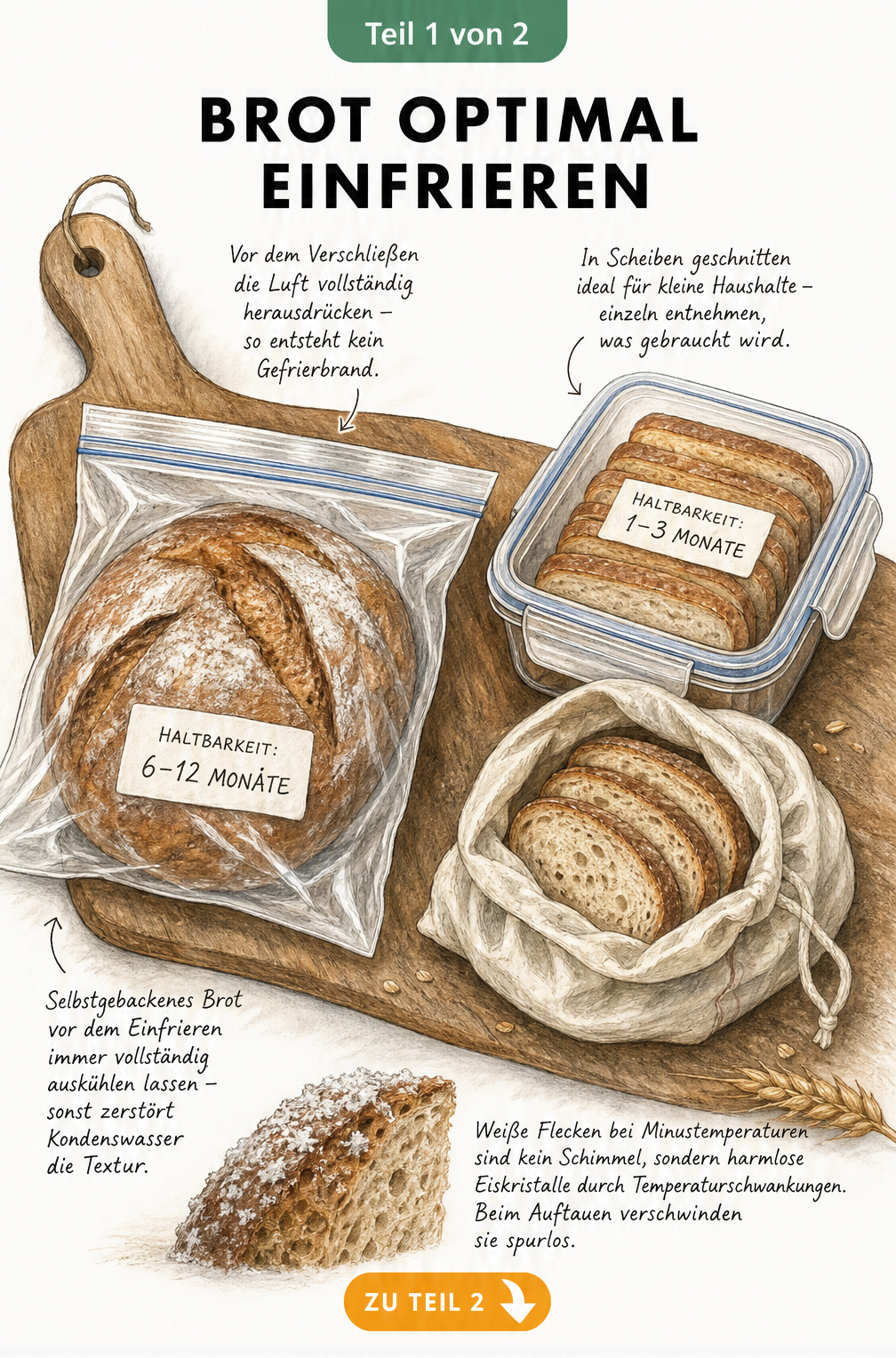 Illustration eines ganzen Brotlaibs und geschnittenen Brotes mit Tipps zum Einfrieren und zur Haltbarkeit