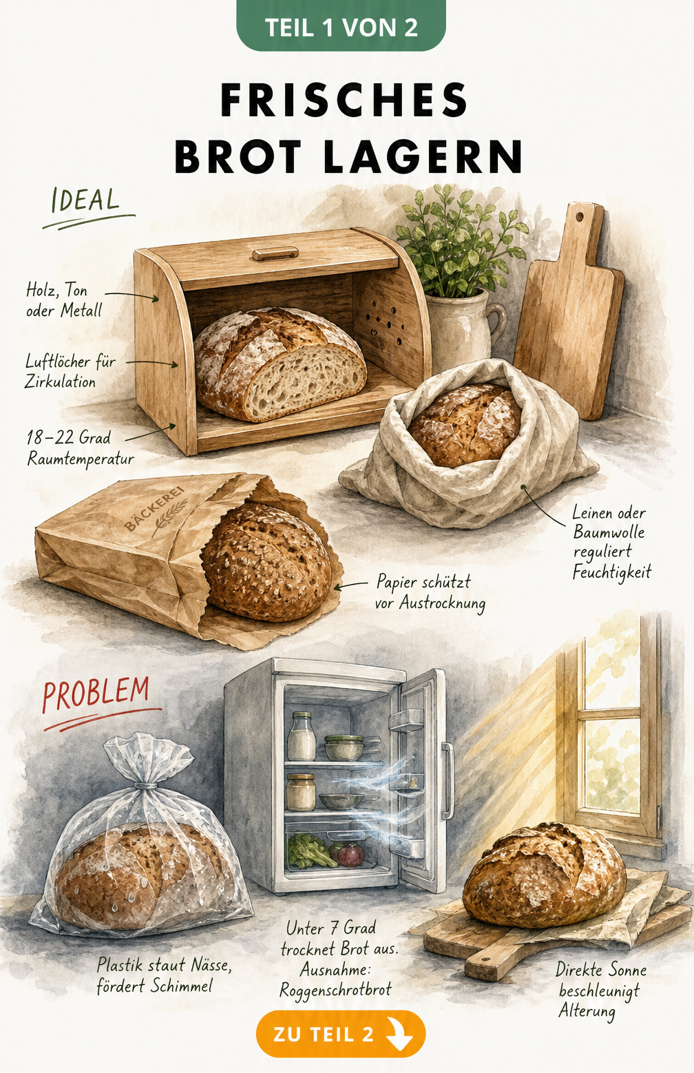 Illustration einer Küchenanrichte, die ideale und schlechte Lagerorte für Brot zeigt, wie Brotkasten, Stoffbeutel und Plastiktüte.