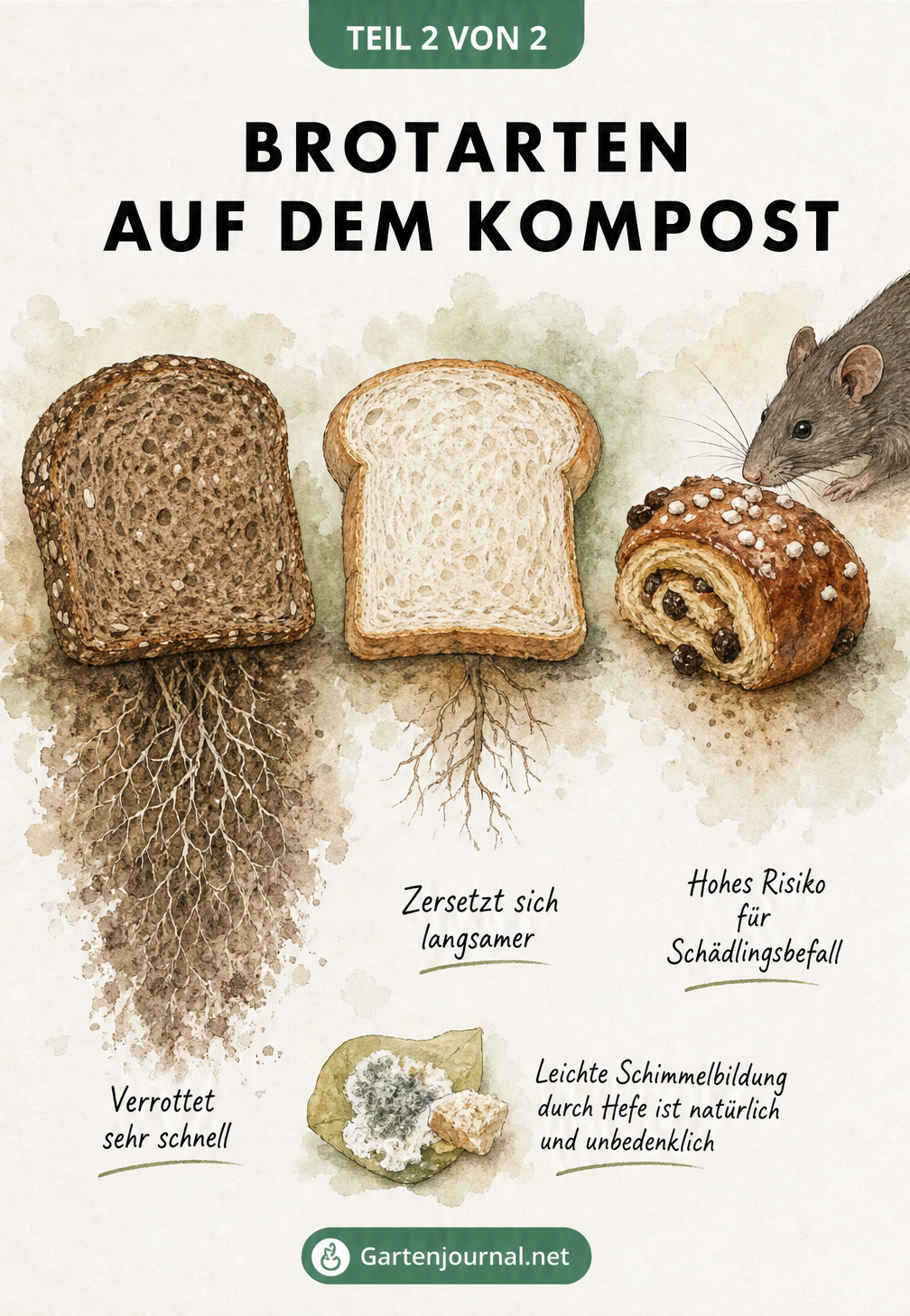 Aquarell-Zeichnung von Vollkornbrot, Weißbrot und einem süßen Teilchen mit Darstellung ihrer unterschiedlichen Verrottungsgeschwindigkeit.