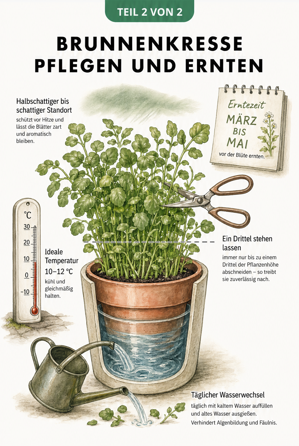 Illustration einer Brunnenkresse im Topf mit Thermometer, Gießkanne und Ernteschere